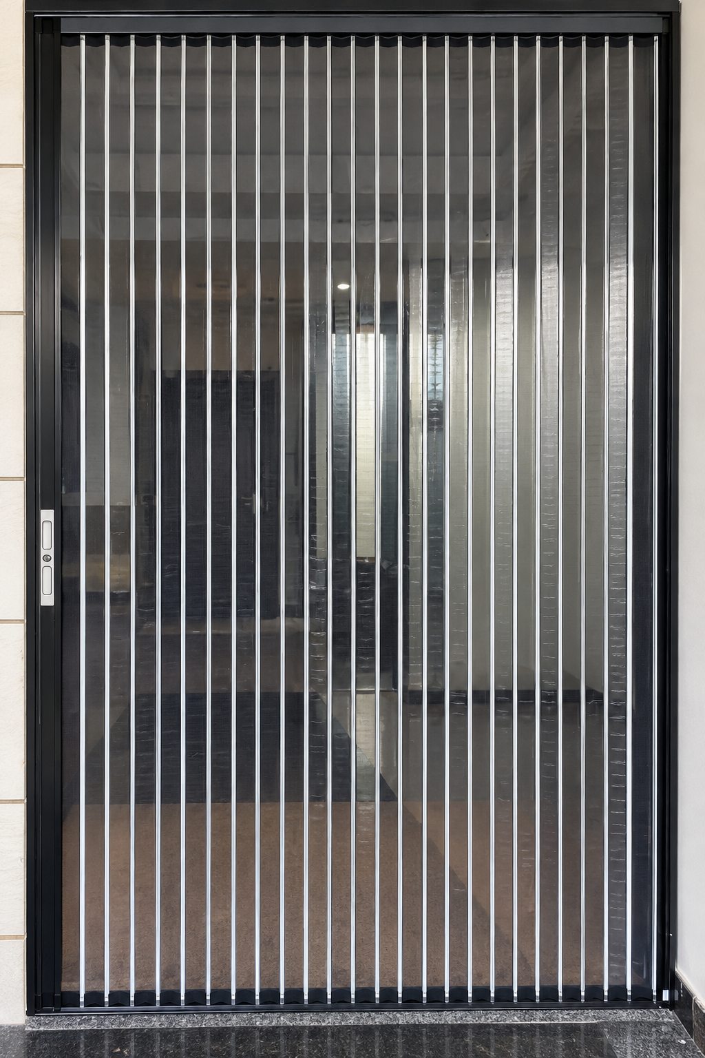 Dark pleated mesh screen door