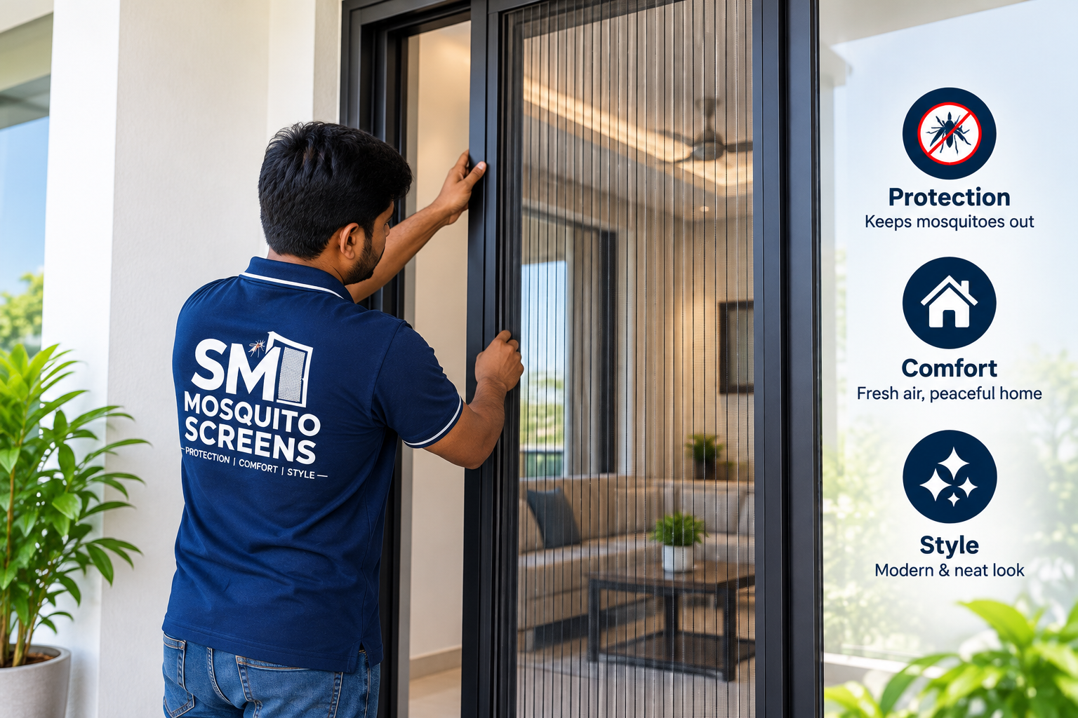 SM Mosquito Screens technician fitting a mesh door, with protection, comfort and style benefits