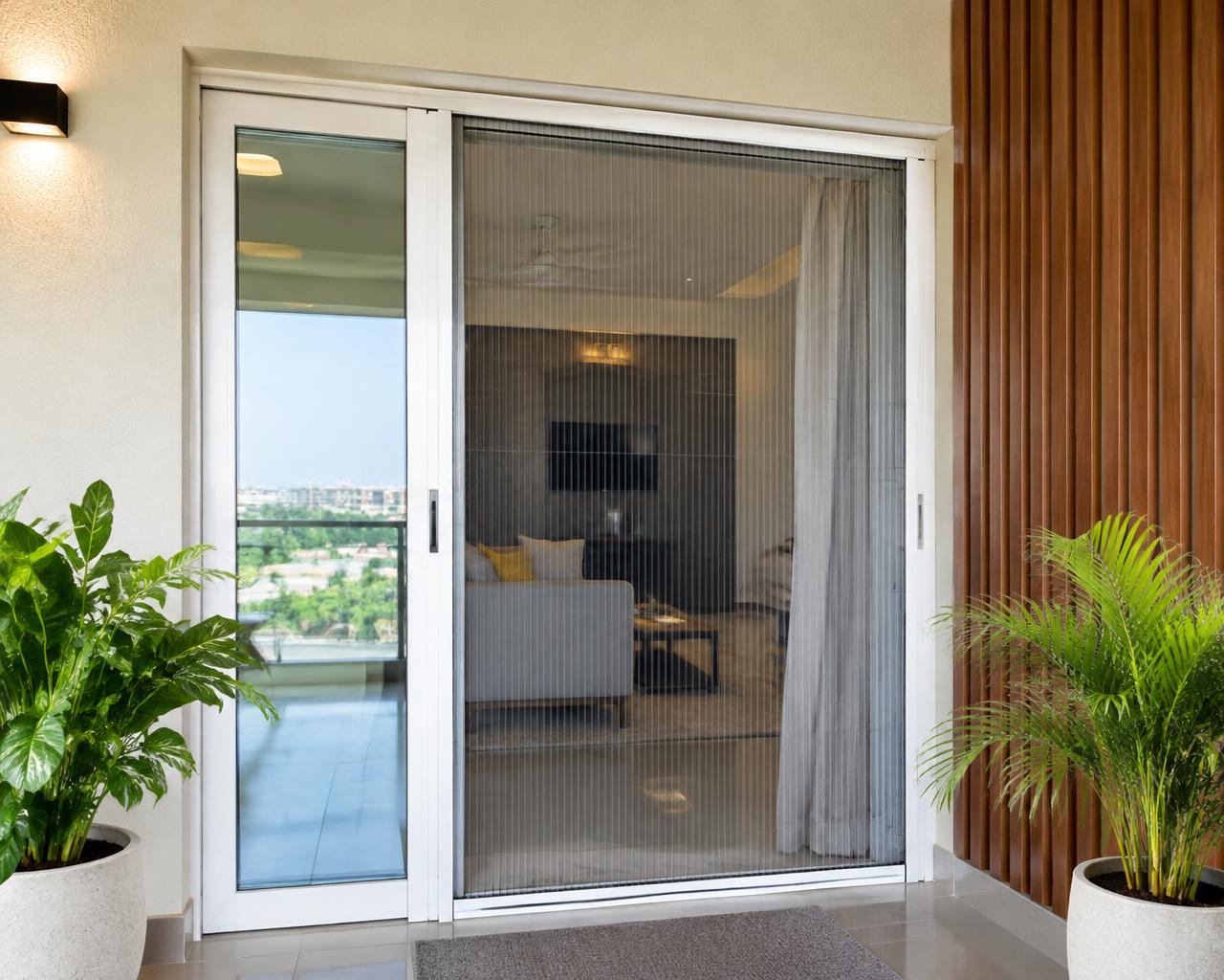 Pleated mesh door on a balcony